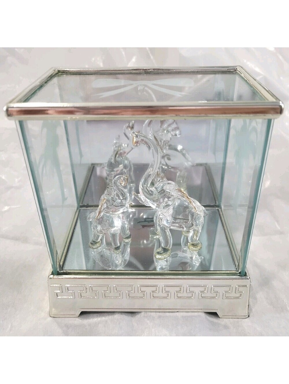 Glass and Silver-toned Decorative Crystal Style Elephant Figurine display box.